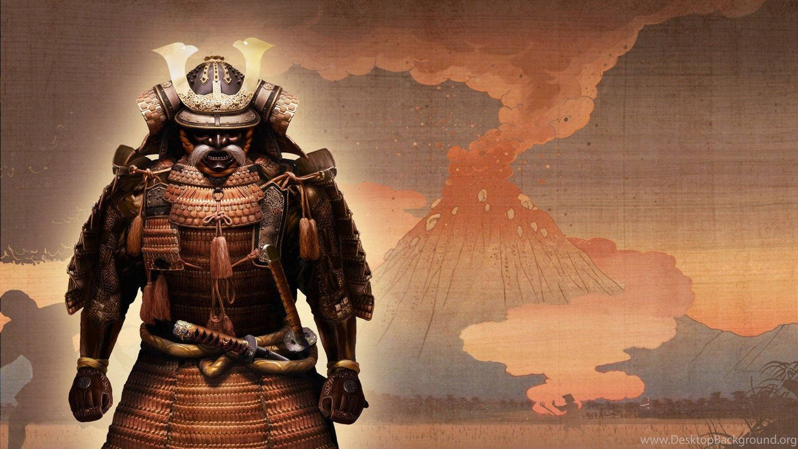 日本の侍と火山 壁紙