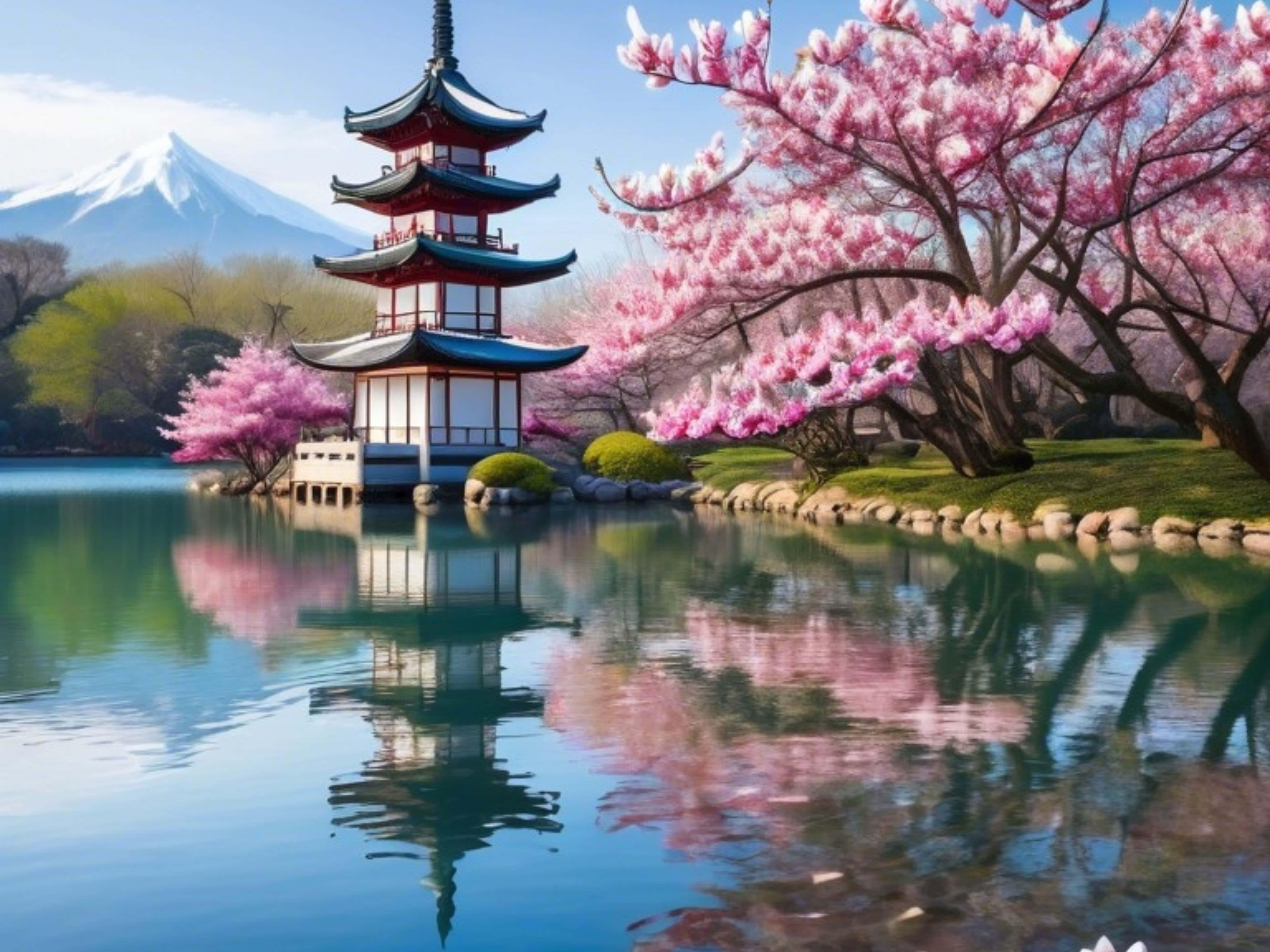 日本の風景：静かな湖、桜の木、神社、山々 壁紙