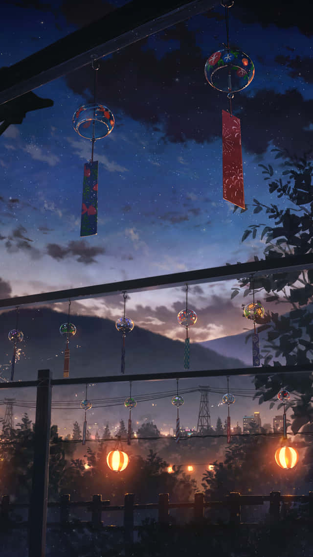日本の風鈴と夜のアニメ風景の壁紙