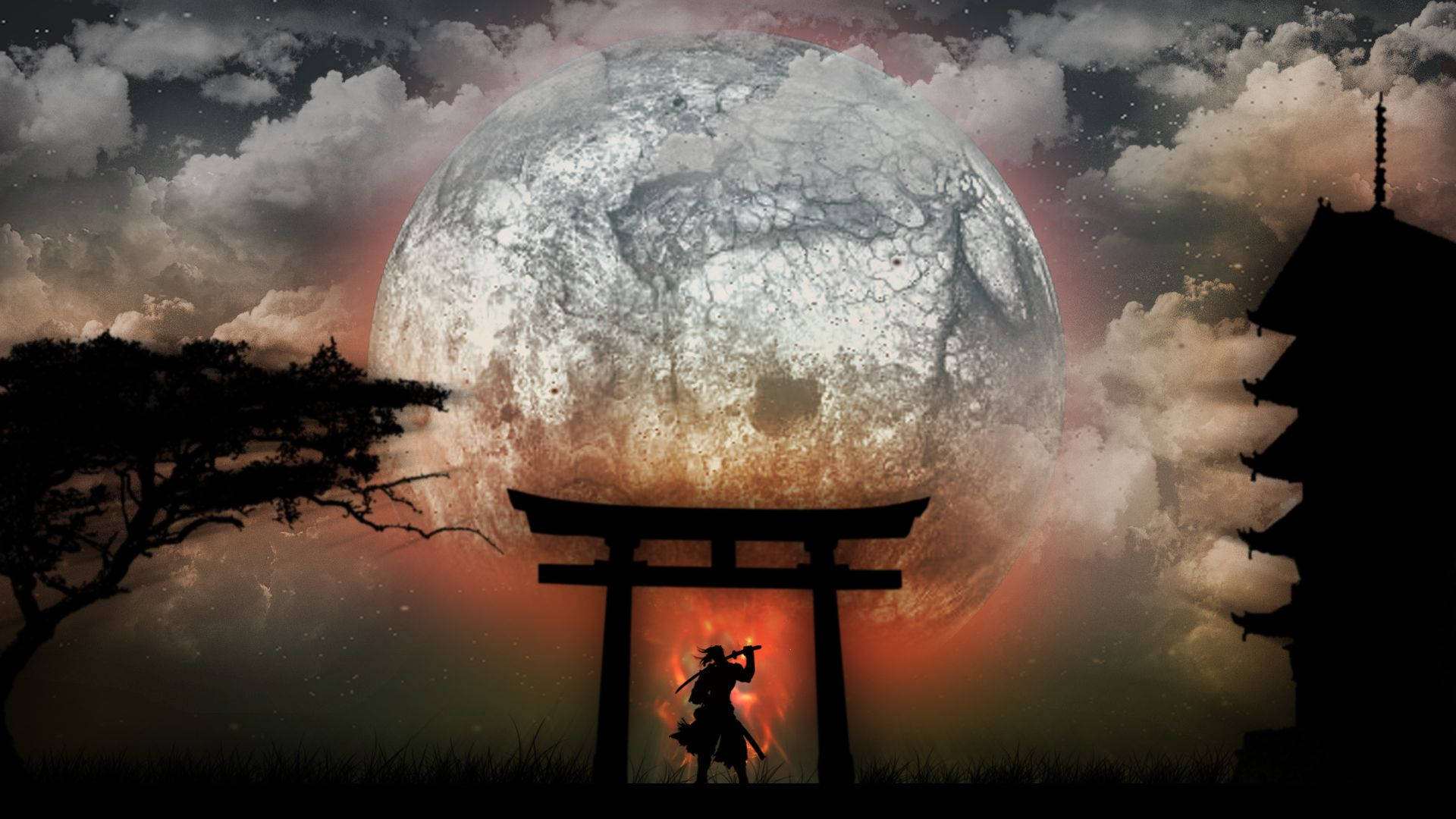 日本刀侍 月と鳥居 壁紙