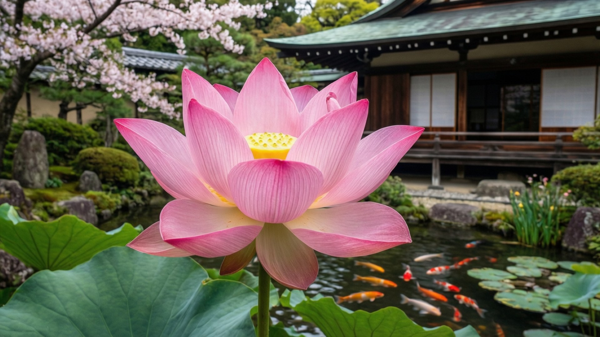 日本庭園の蓮 壁紙