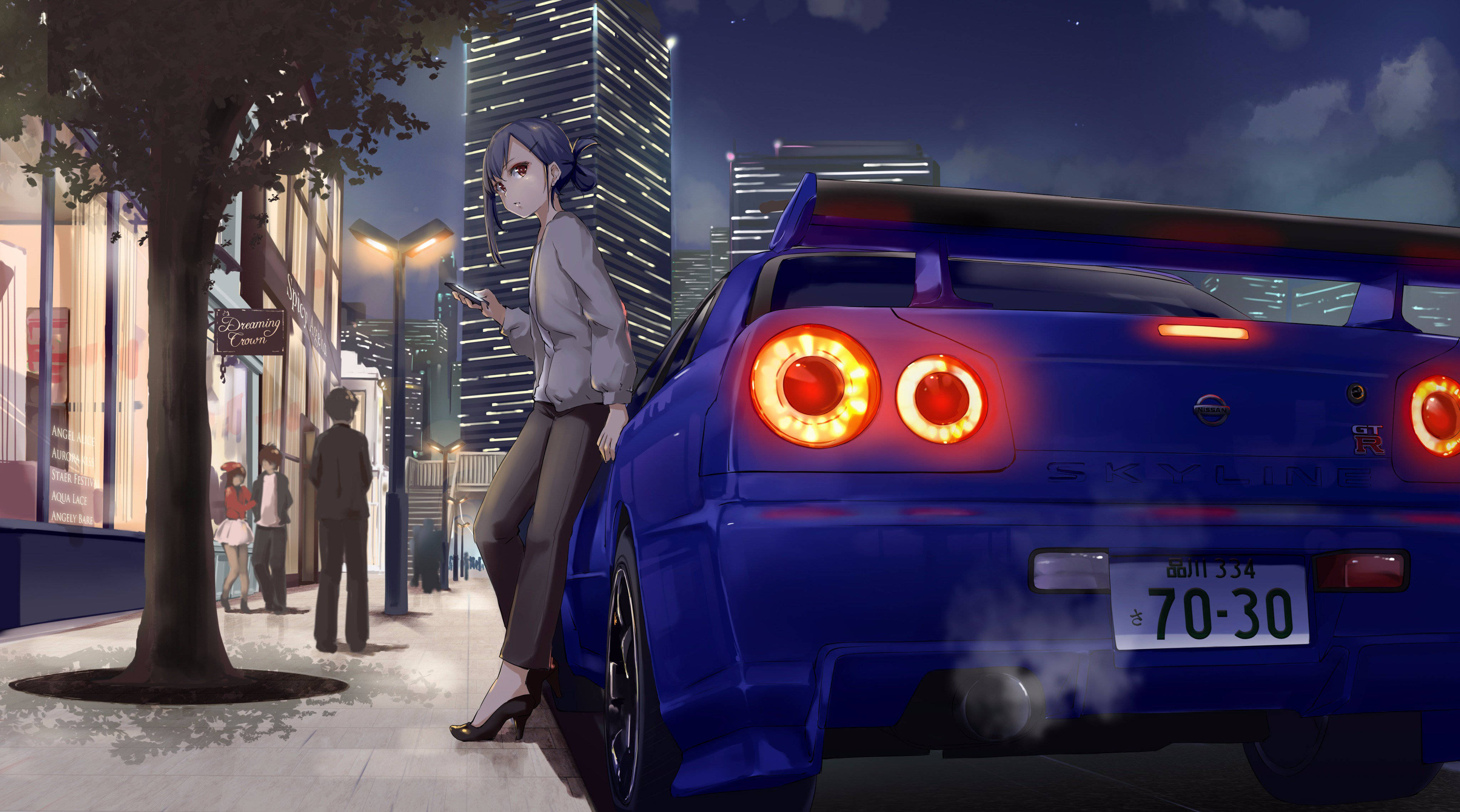 日産スカイラインに寄りかかるアニメの少女 壁紙