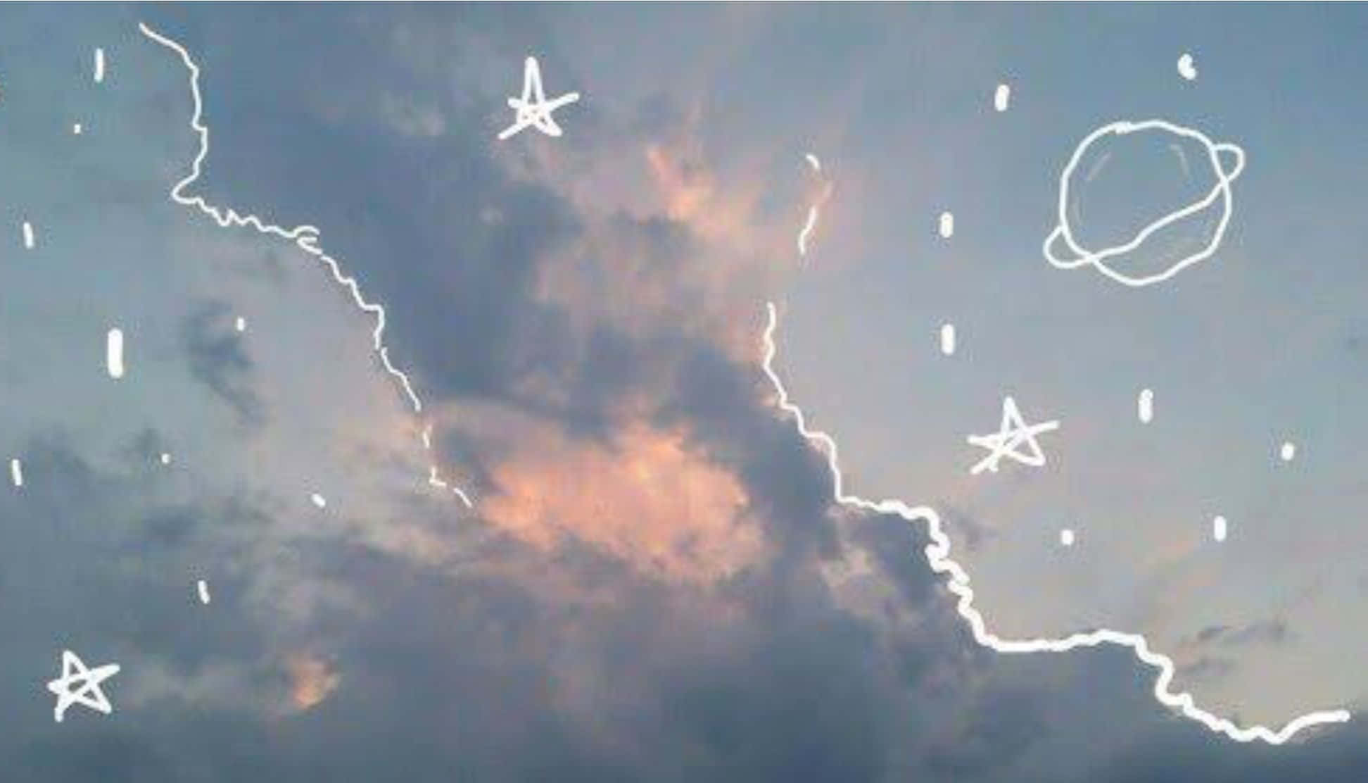 星空と惑星の落書きが描かれた美しい空のノートパソコン壁紙 壁紙