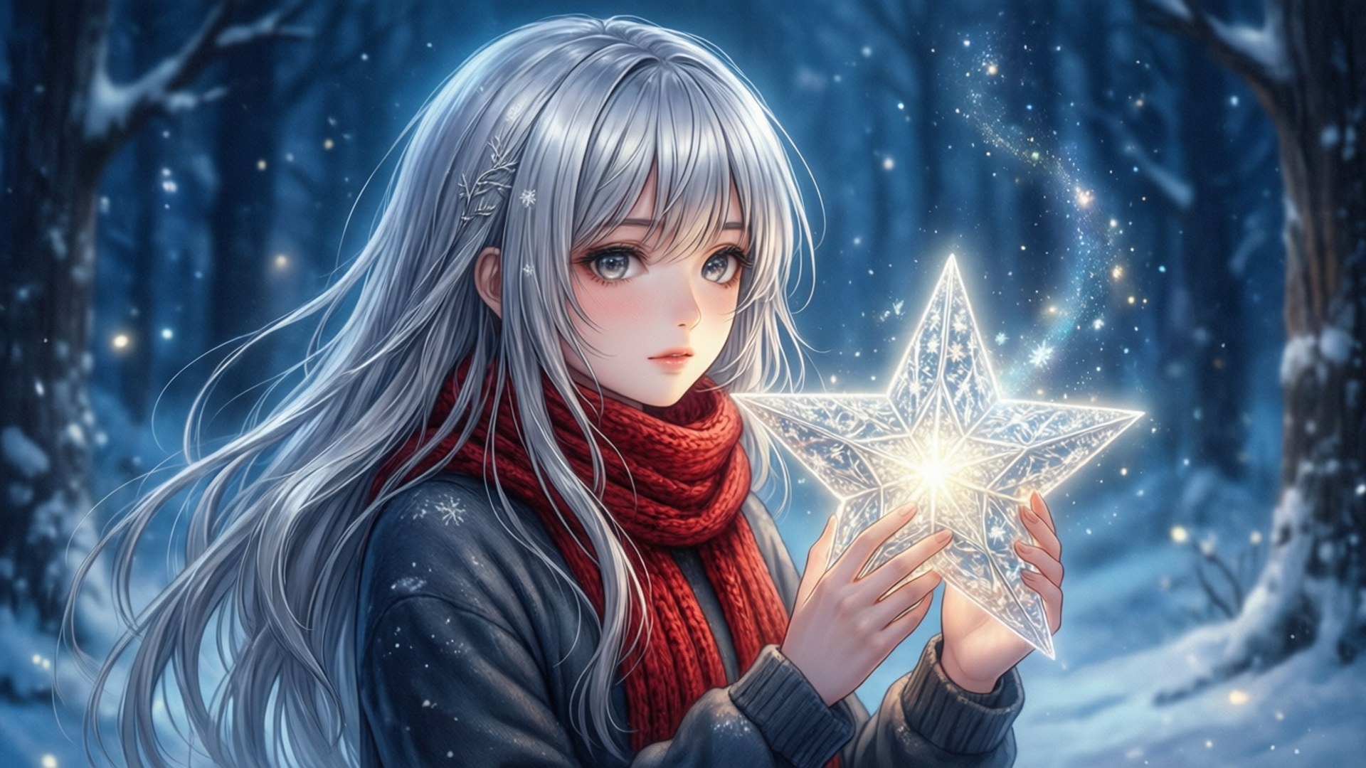 星空に照らされた雪の森 壁紙
