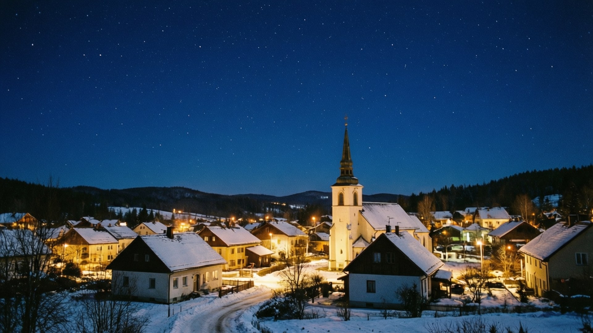 星空の雪の町 壁紙