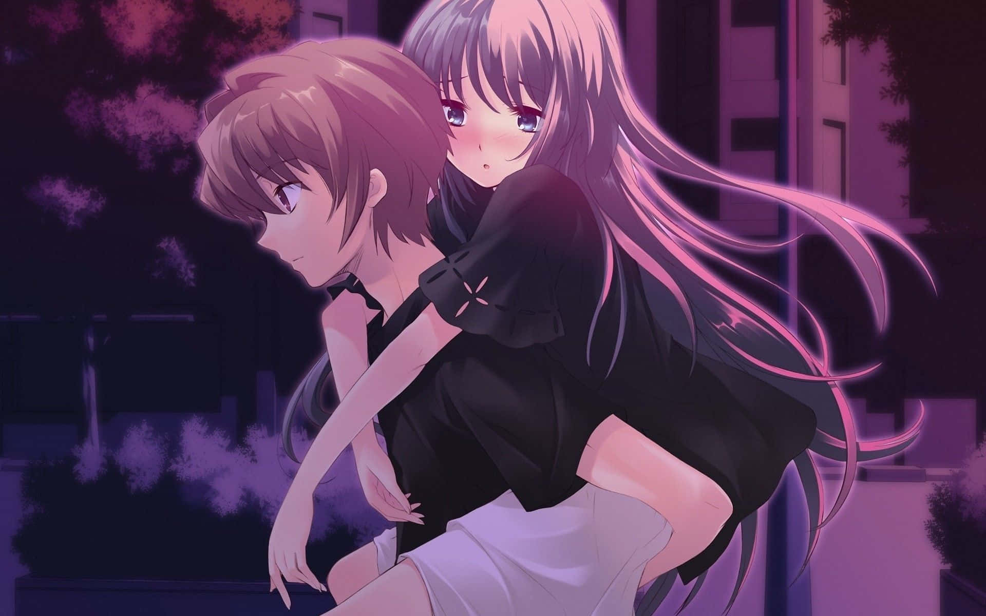 春の魔法の庭で抱き合う恋人たち。 壁紙