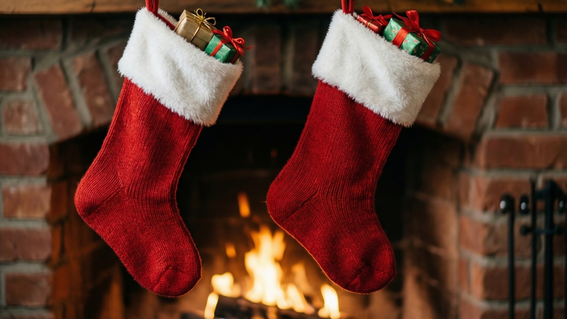 暖炉のそばのクリスマスストッキング 壁紙