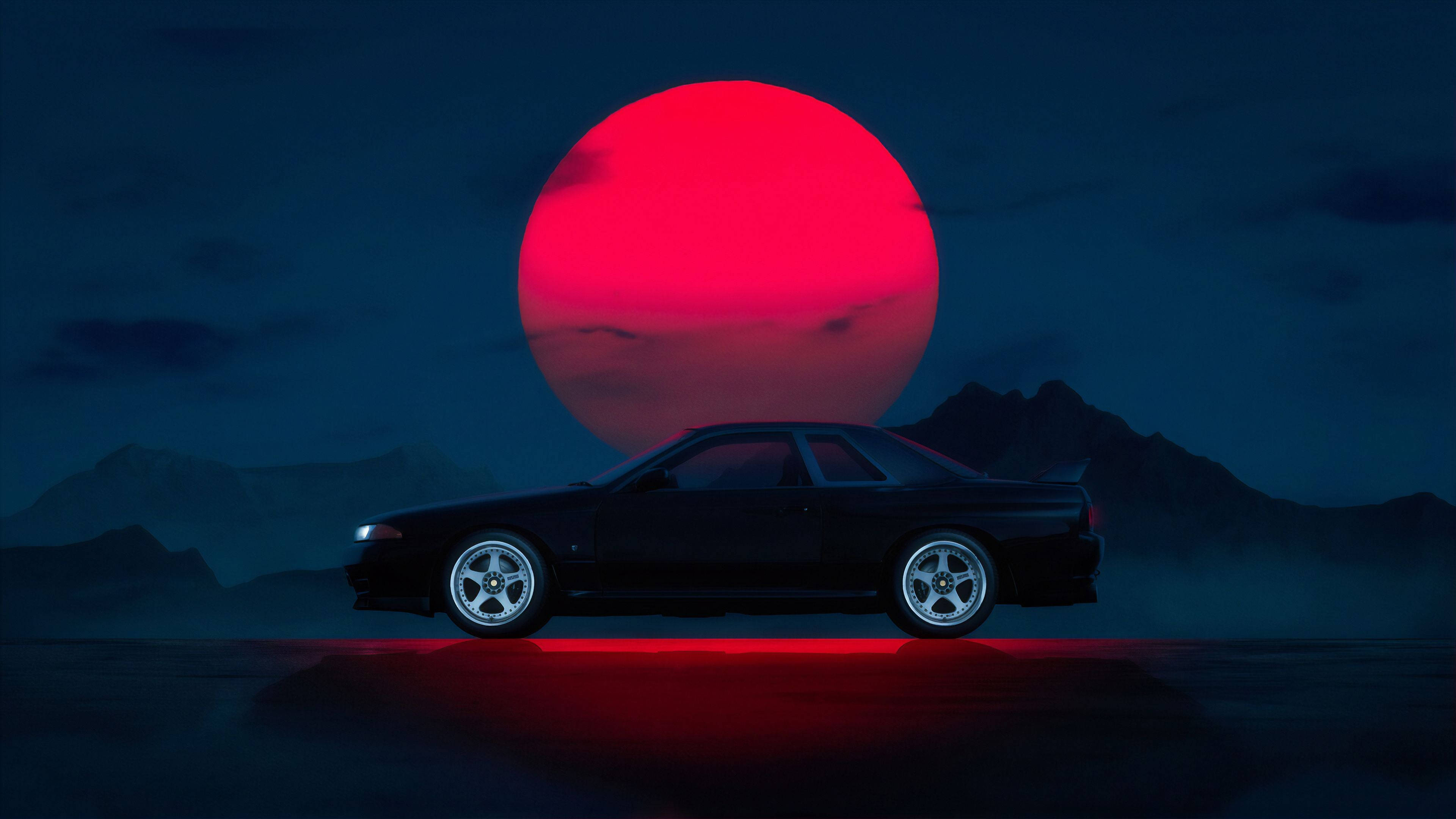 暗いJDM車と赤い太陽 壁紙