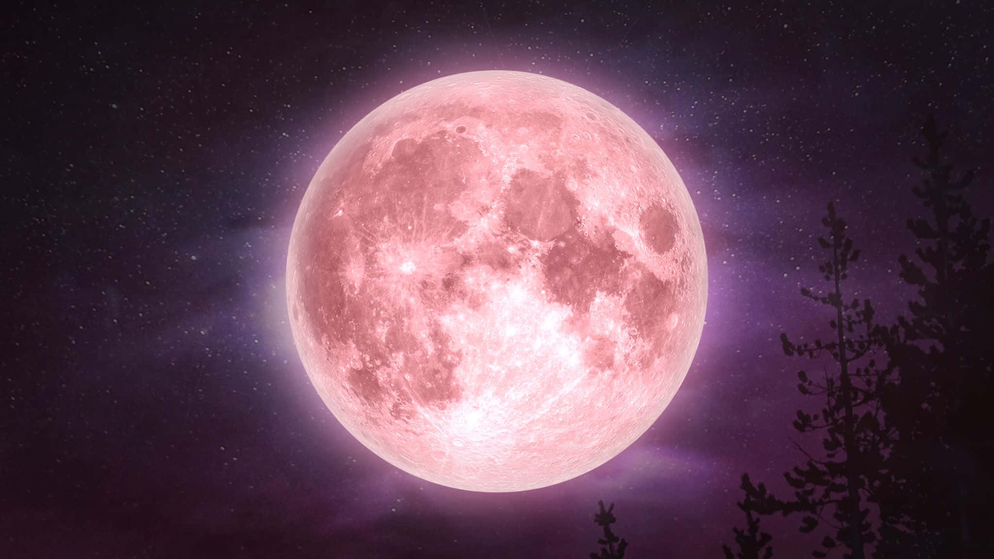 暗い夜空に輝くピンクの月 壁紙