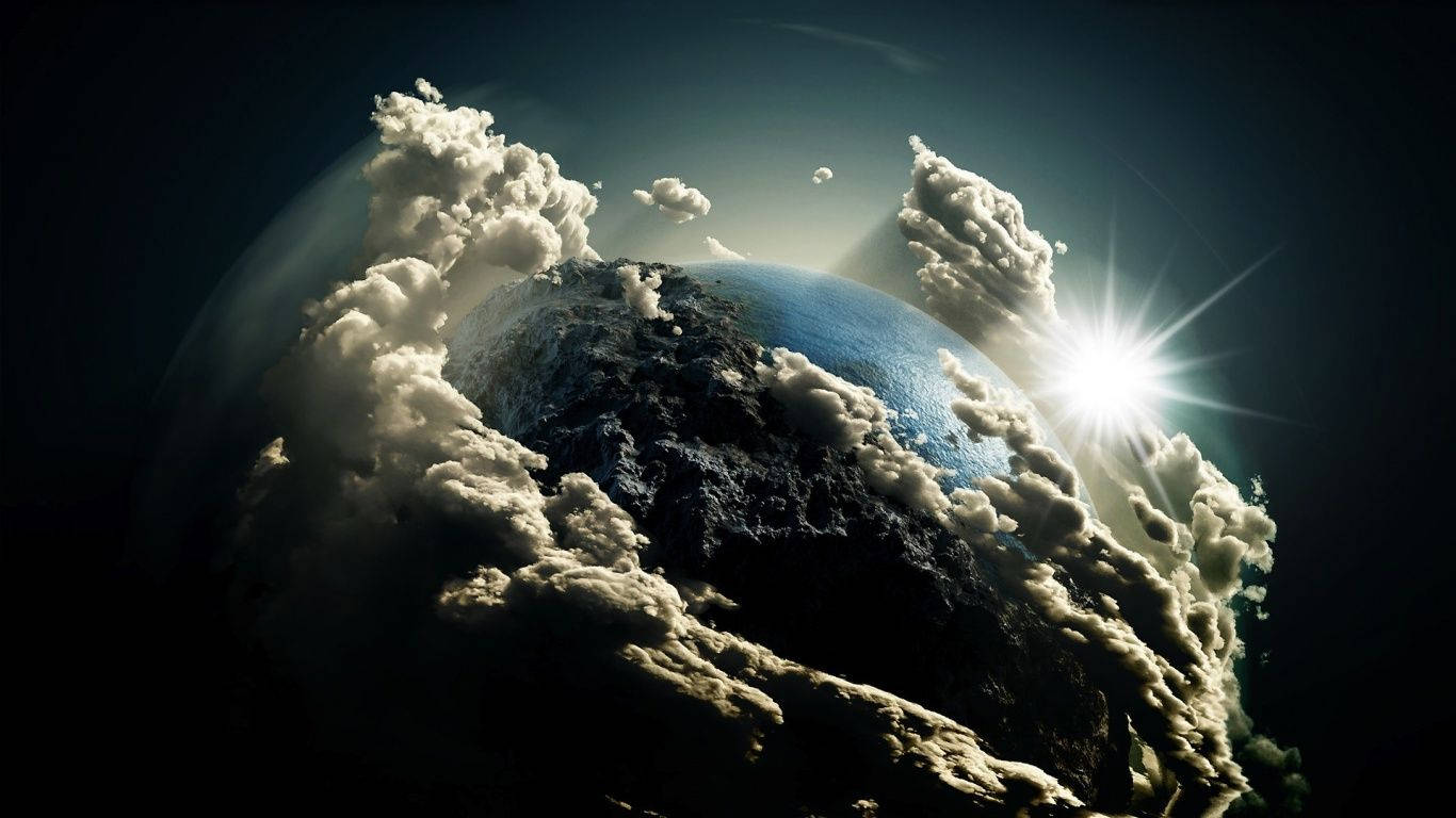 暗黒宇宙に雲が浮かぶ地球の見事な空中眺め 壁紙