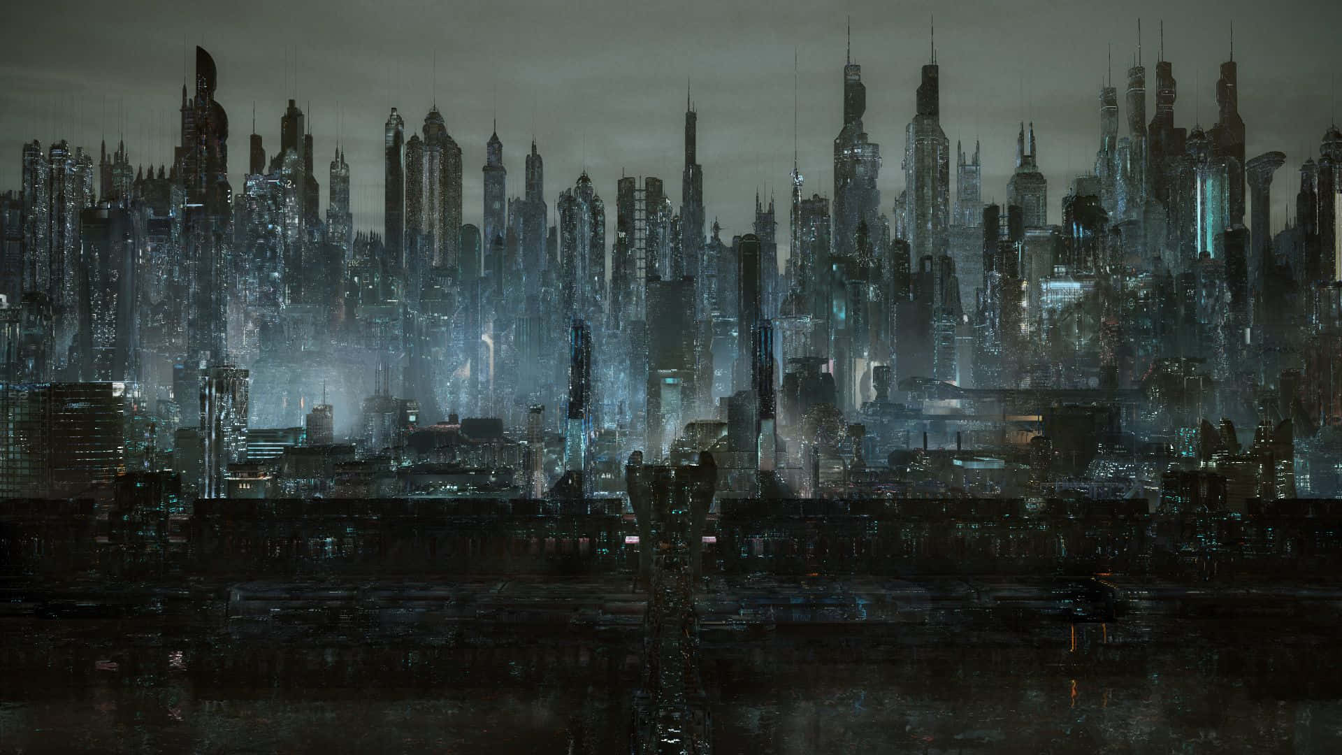 暗黒都市の真ん中に広がる街並みの眺め 壁紙