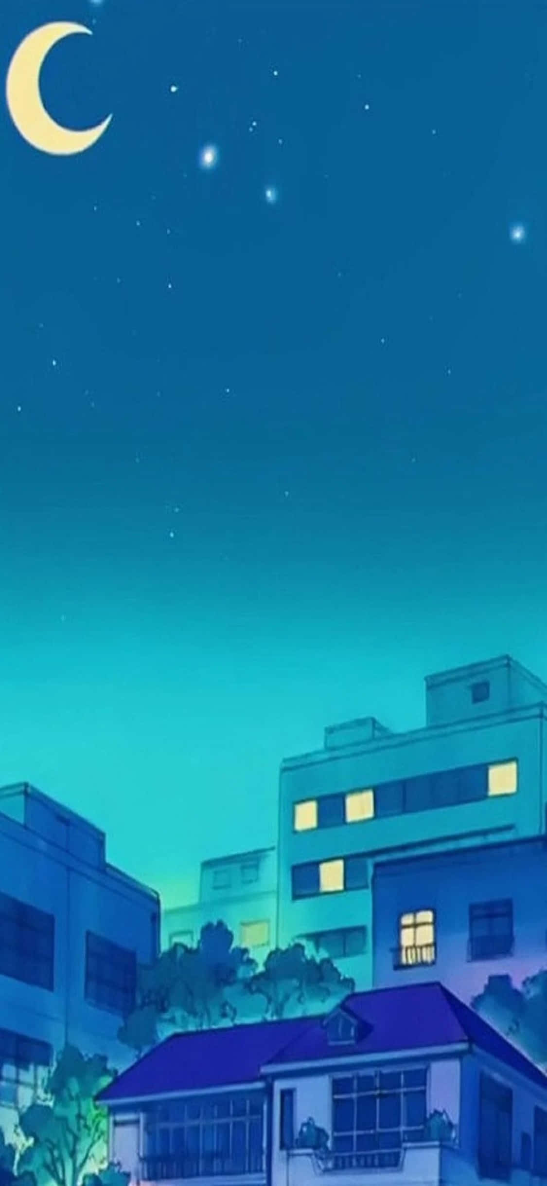 月と家のある夜景 壁紙