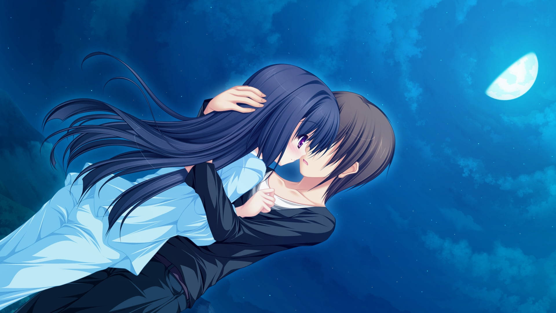 月の下で抱き合うアニメカップル 壁紙