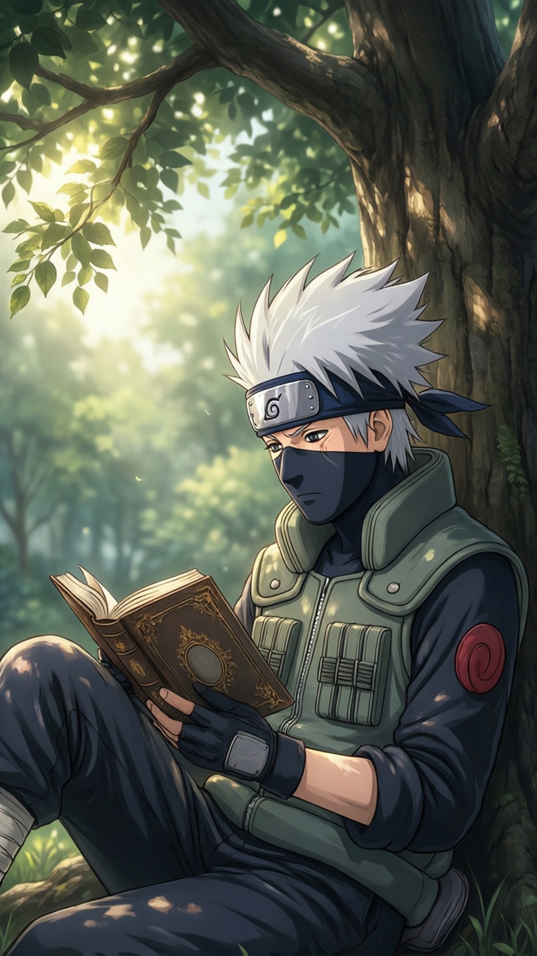 木の下で読書するカカシ 壁紙