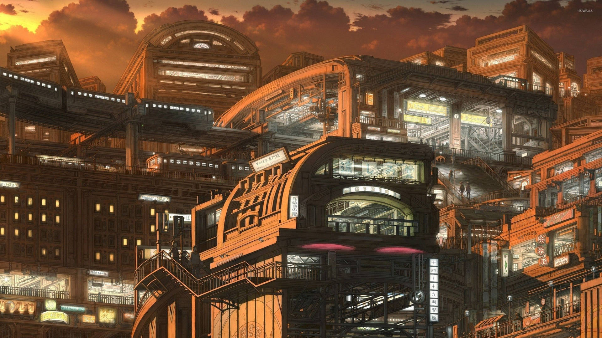 アジア風の未来的なアニメ都市と商業ビルの壁紙。