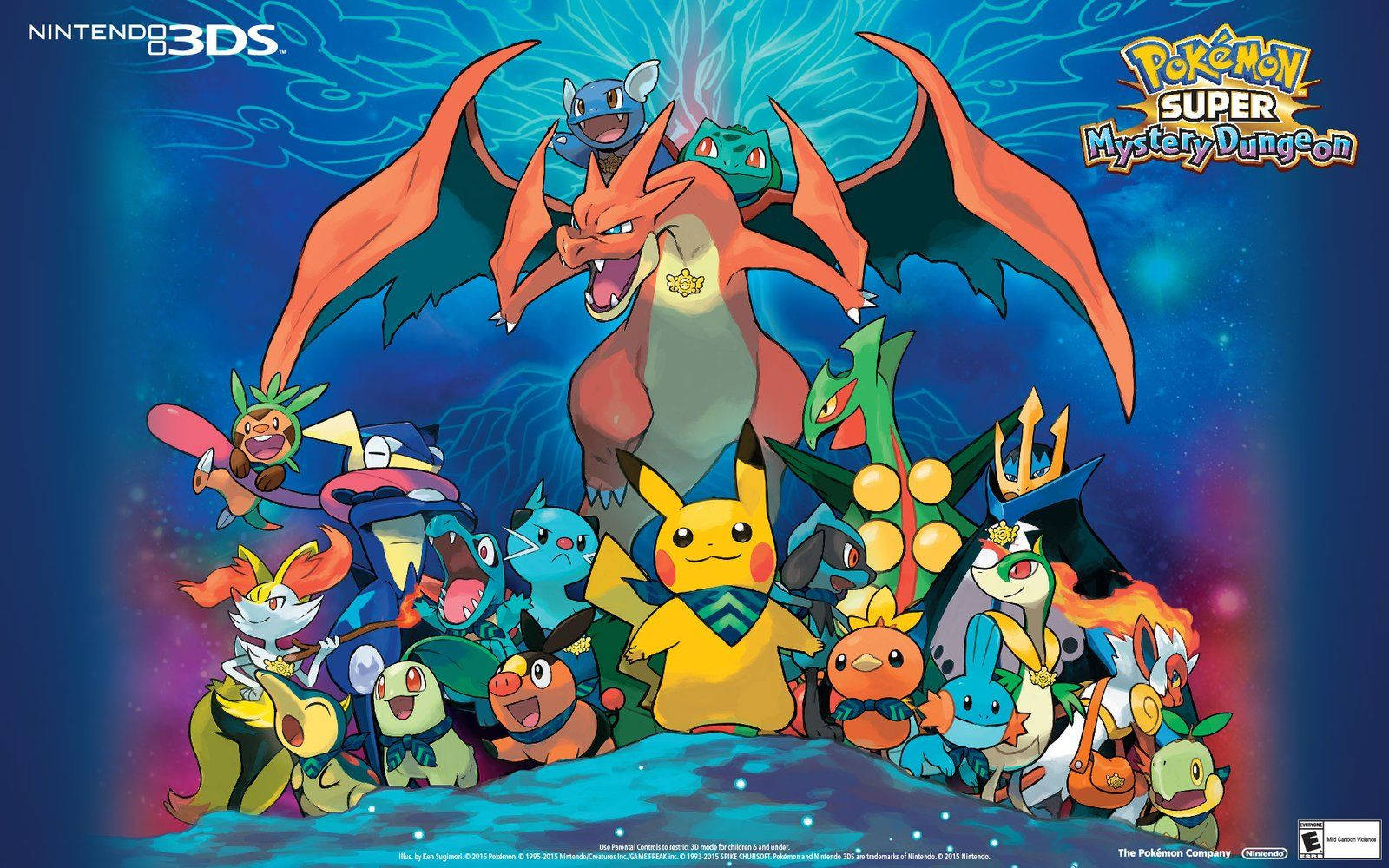 ポケモン ピカチュウ、フシギダネ、フシギソウ、リザード、リザードン、ゼニガメが他のポケモンと一緒に不思議のダンジョンにいる様子
