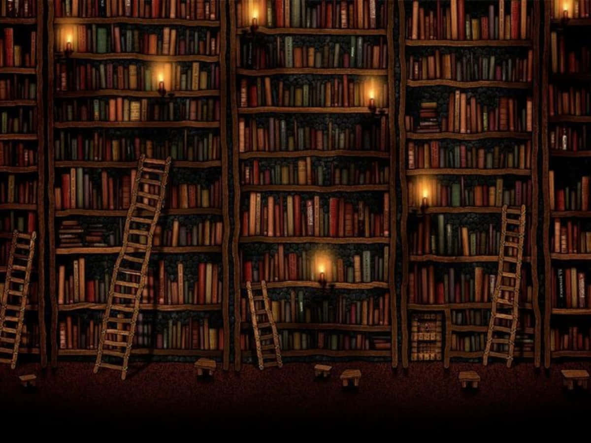 本棚と梯子のある図書館 壁紙