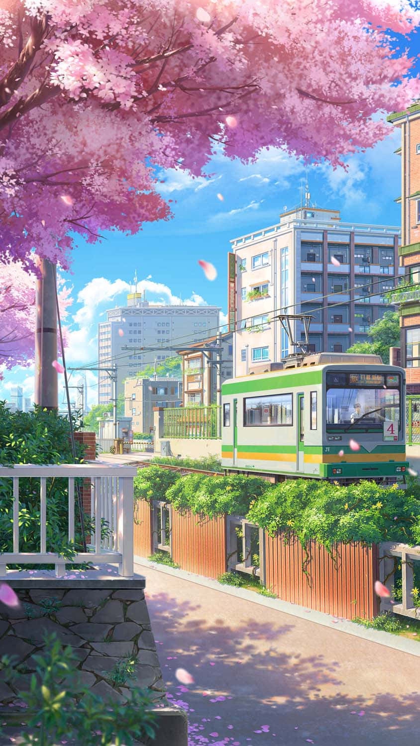 東京アニメ風の街並みと桜の木 壁紙