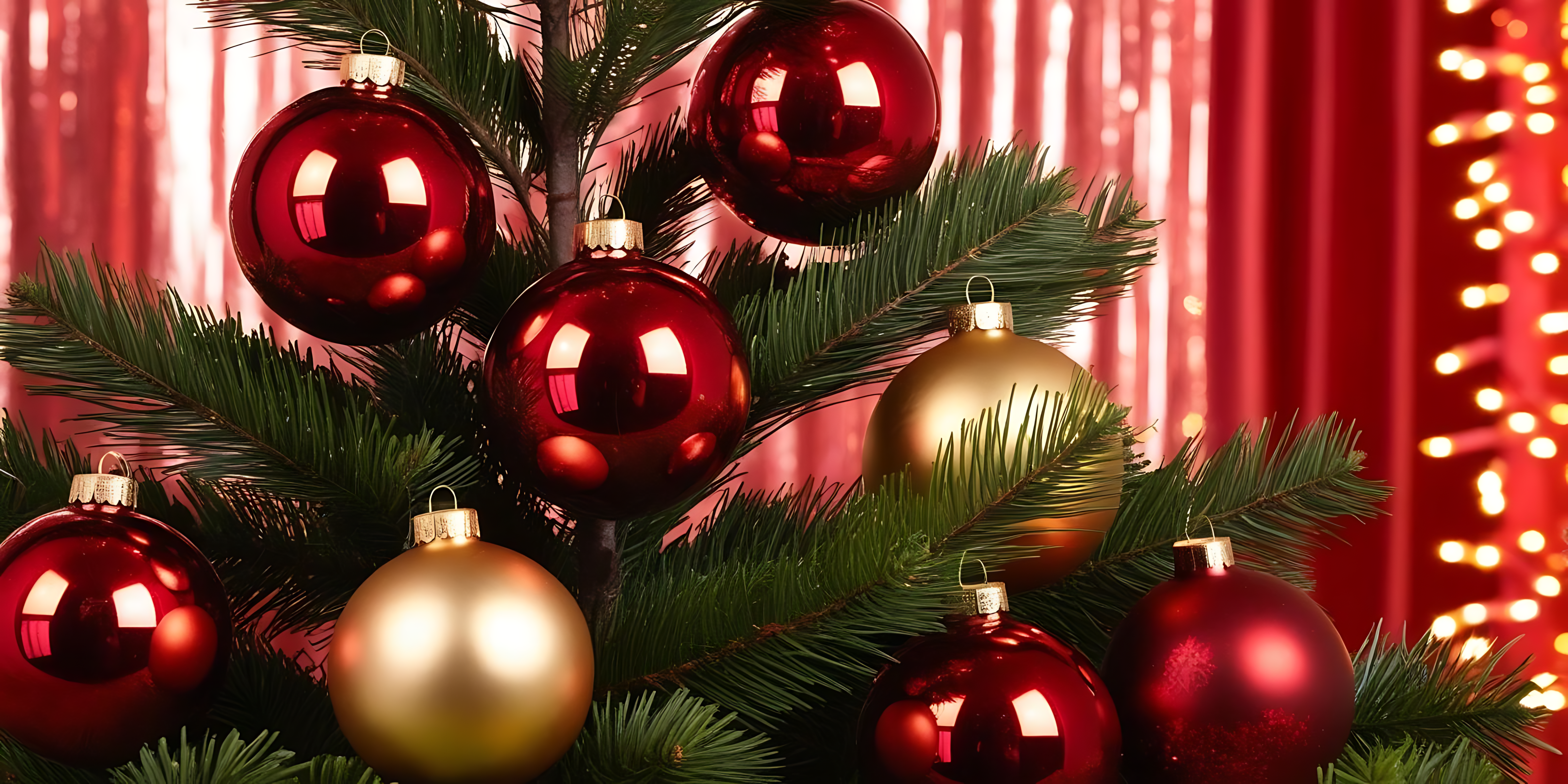 松の枝に飾られたクリスマスオーナメント 壁紙