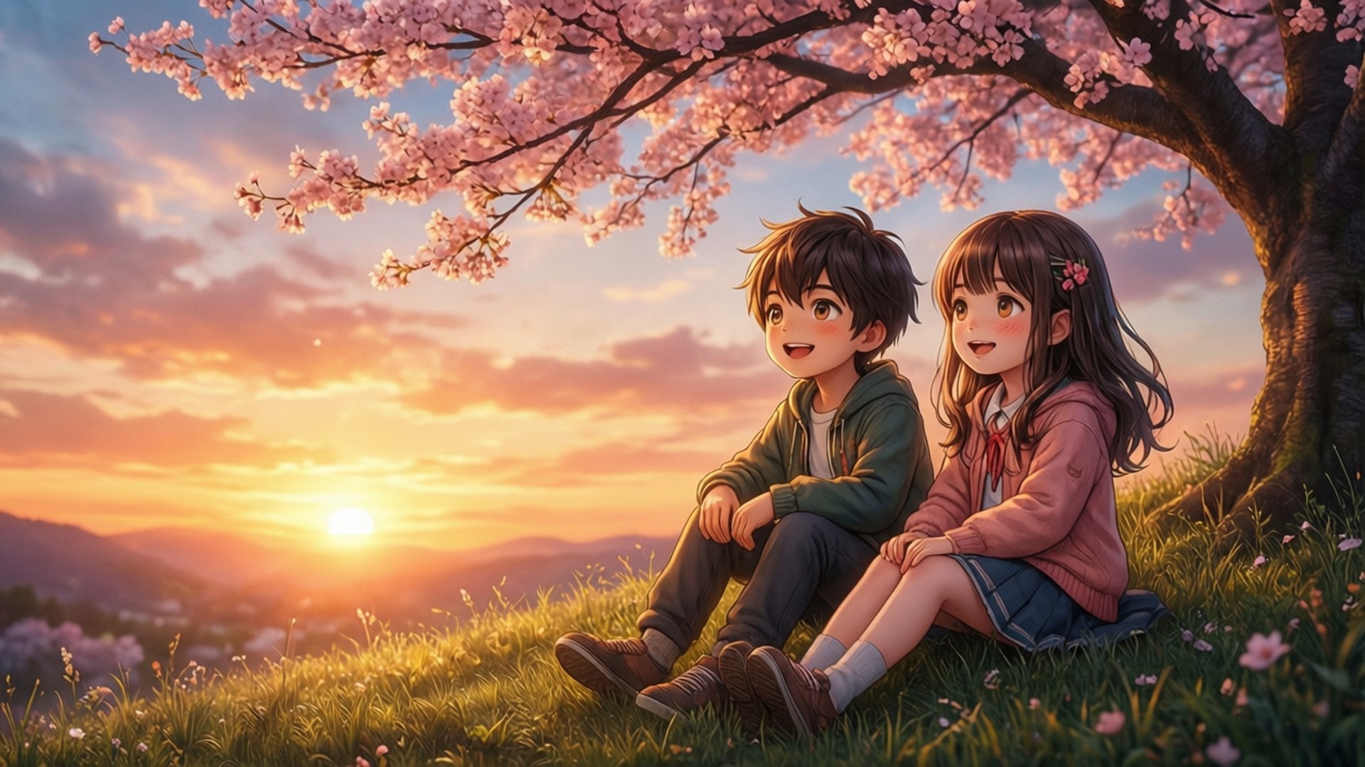 桜と夕日の子供たち 壁紙