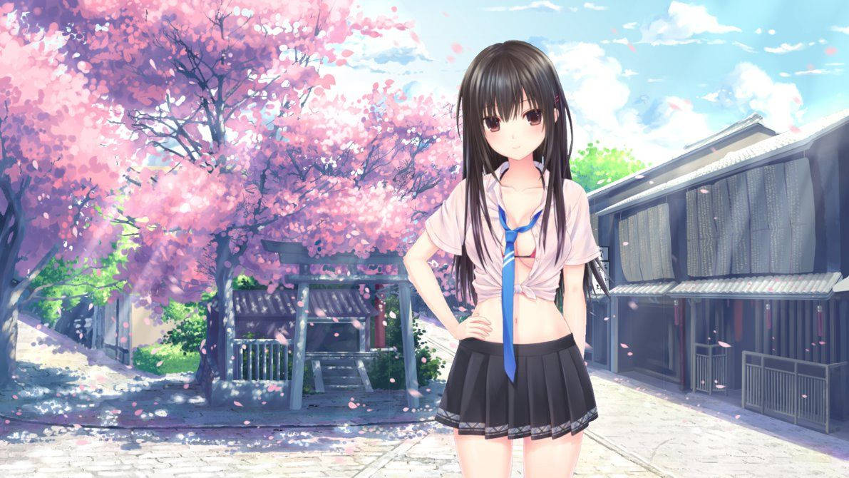 セクシーな学校の制服を着たアニメ少女とピンクの桜の木の壁紙
