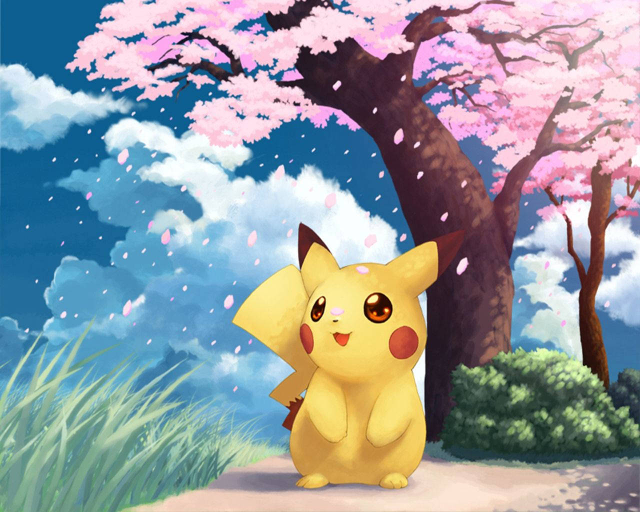 ファンアートで桜の花びらが舞い散る中にいるピカチュウの壁紙