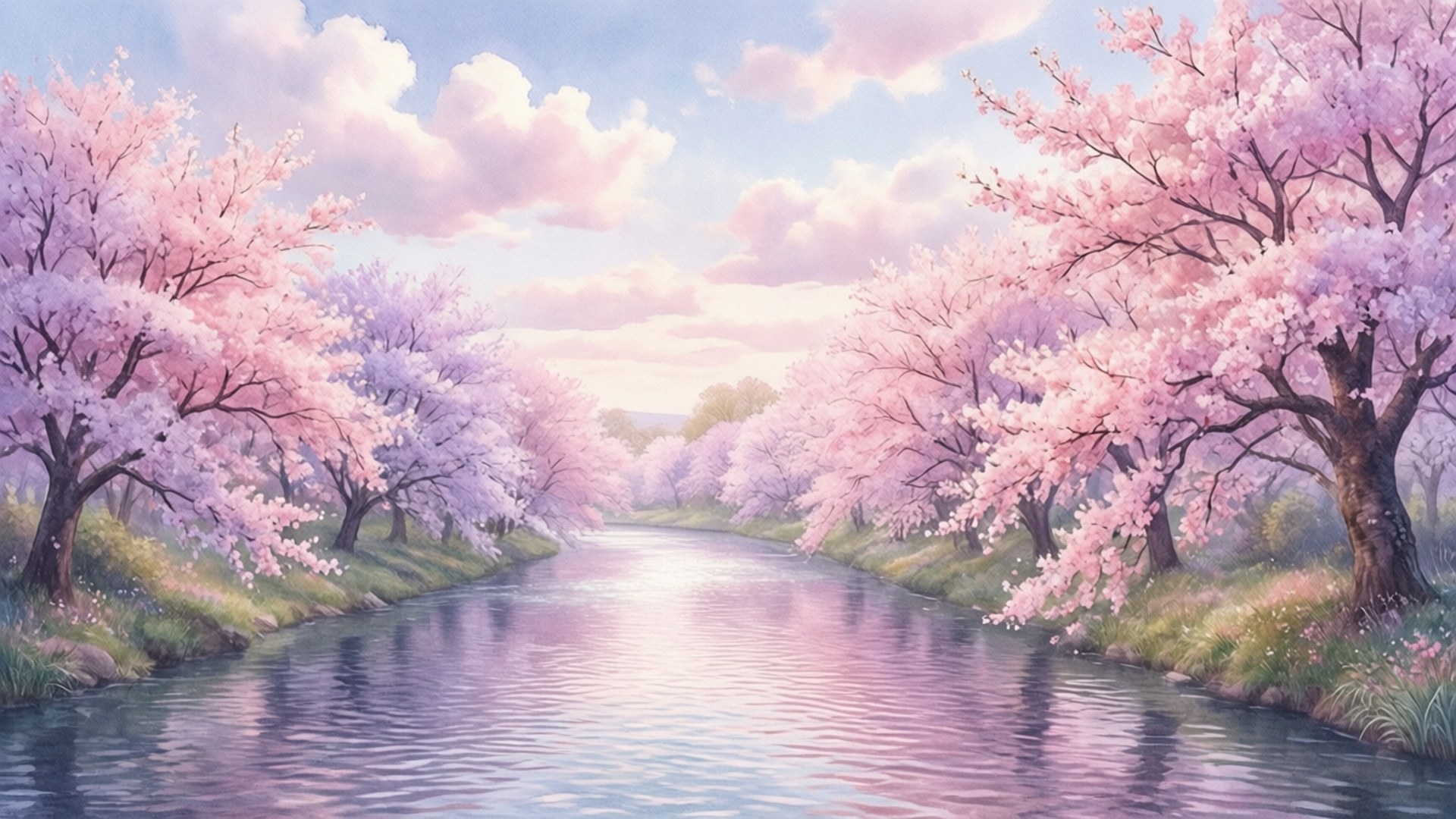 桜並木の川の夢 壁紙