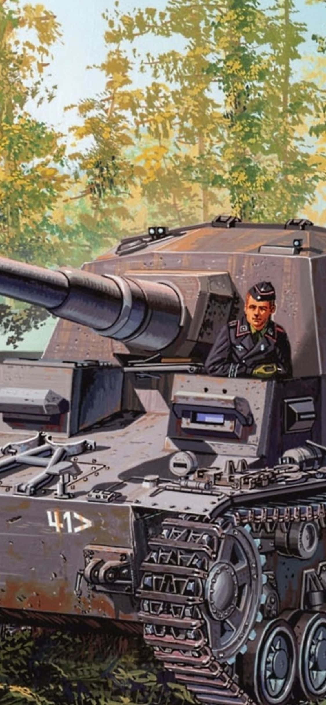 森の中の戦車が描かれた絵画 壁紙
