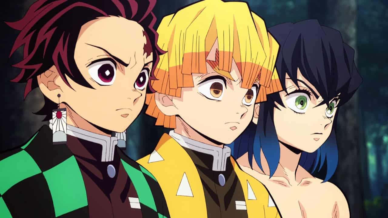 森の中に立つ三人のアニメキャラクター 壁紙