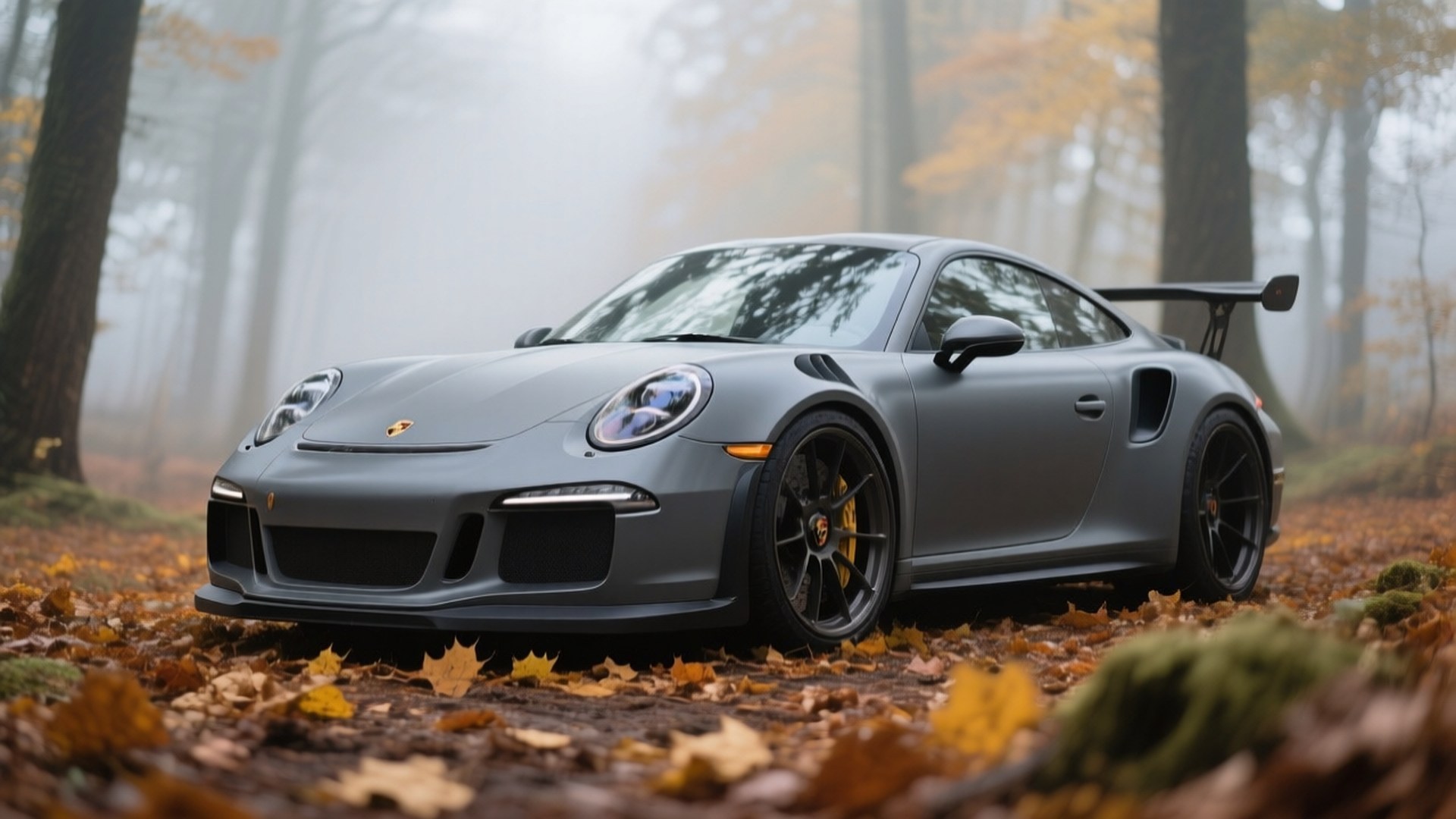 秋の森に佇むマットグレーのポルシェ911 GT3 RS