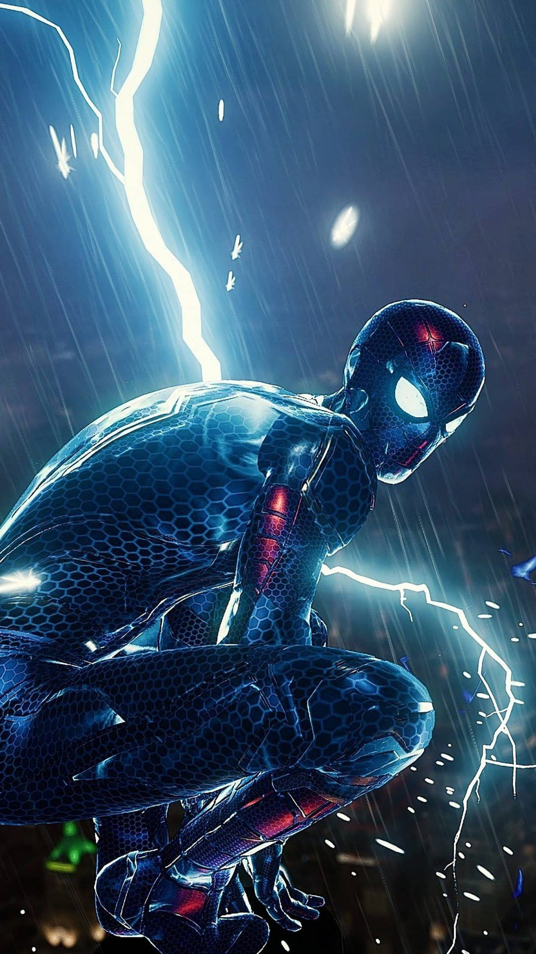 空に雷が光る中、最新技術の黒いスーツをまとったスパイダーマン