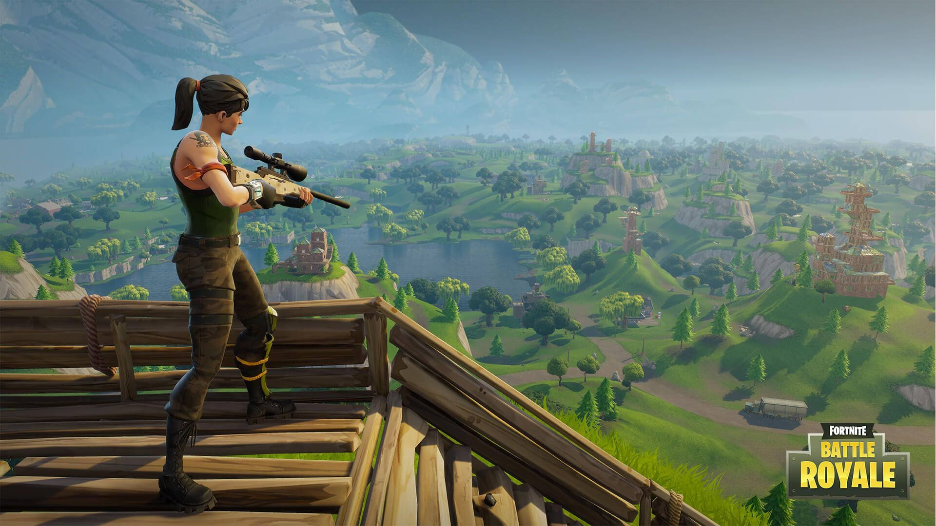 ゲーム『フォートナイト バトルロイヤル』の壁紙で、女性兵士が地上の標的を探すためにスナイパーライフルを構えている様子。