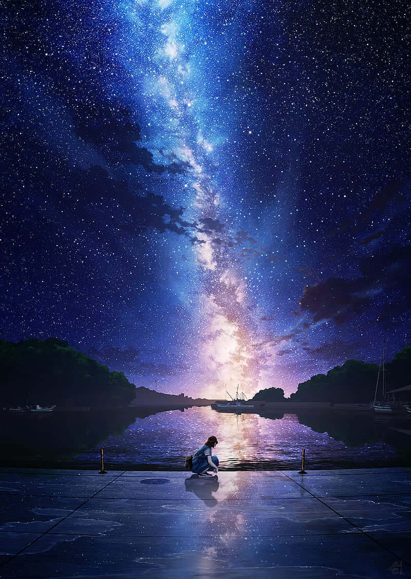 水平な夜空のアニメ風景 壁紙