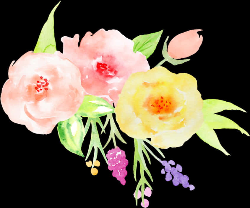 水彩画のピンクとイエローの花のアート作品 壁紙