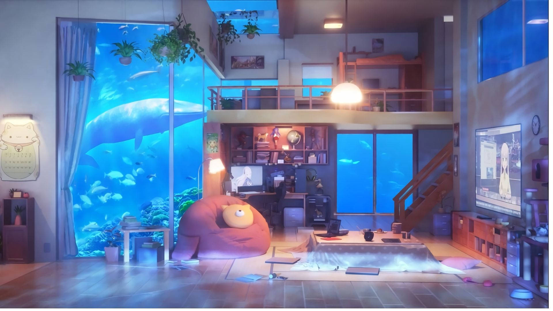 水槽のあるアニメ部屋 壁紙