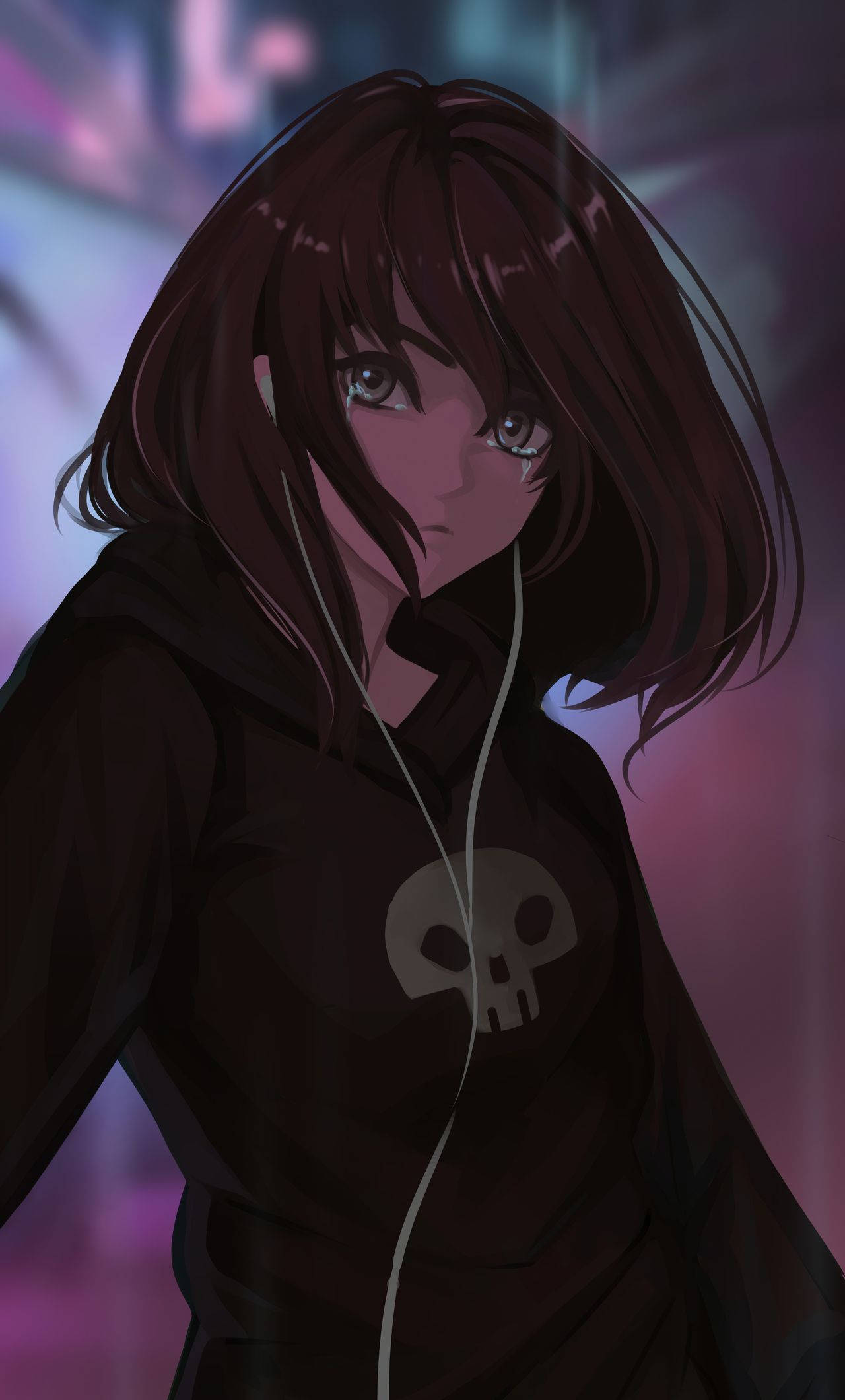 泣いているアニメのフード姿の少女 壁紙