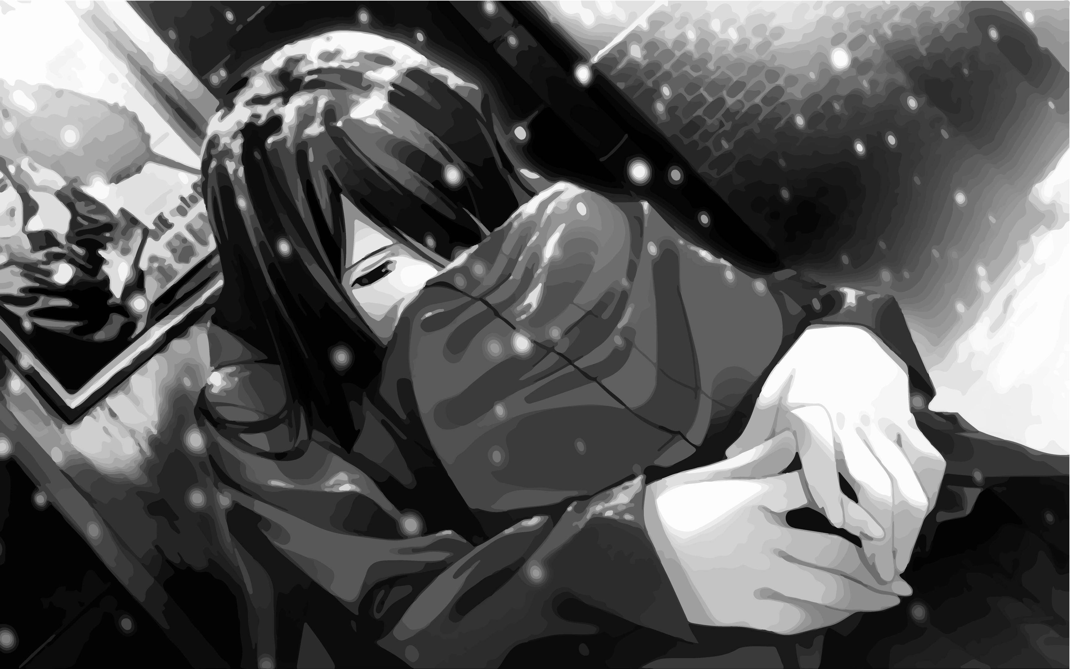 泣いている悲しいアニメ少女の白黒デスクトップ