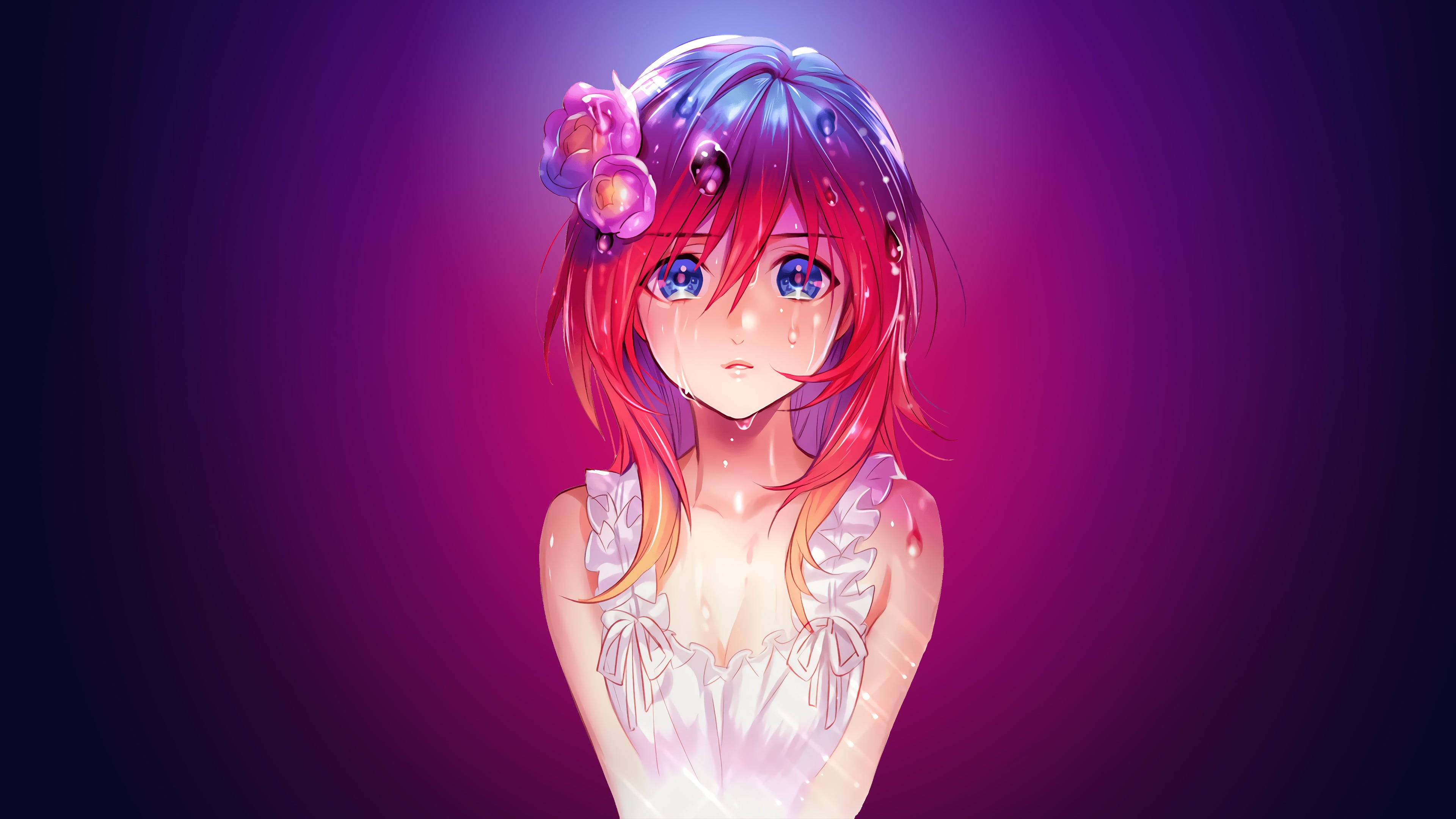 泣いている赤い髪のアニメ少女 壁紙