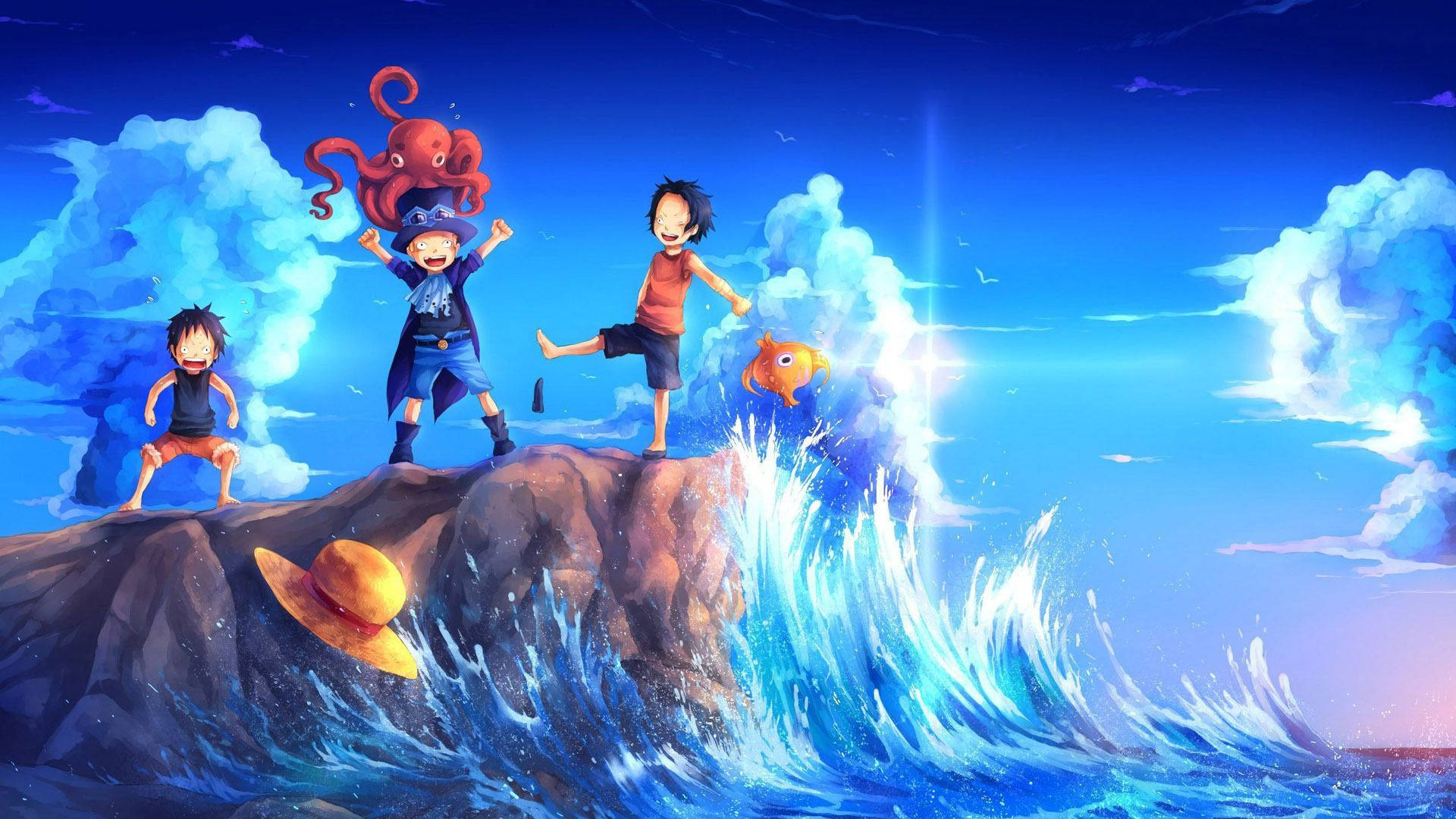 ONE PIECE ベクターアートワークの海辺で遊ぶ幼いルフィ、ポートガス、サボの壁紙