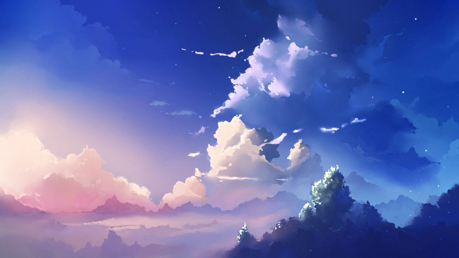 深い青空のアニメ風景 壁紙