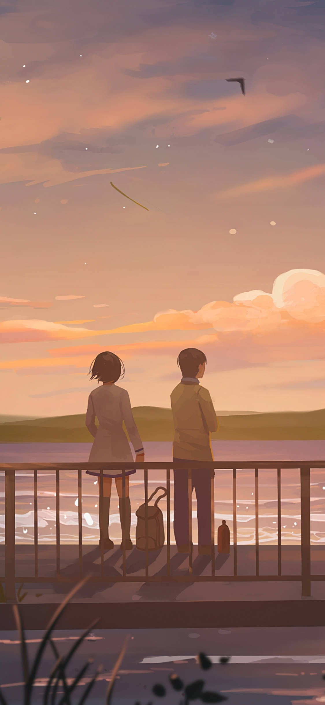 湖のそばのカップルアート 壁紙