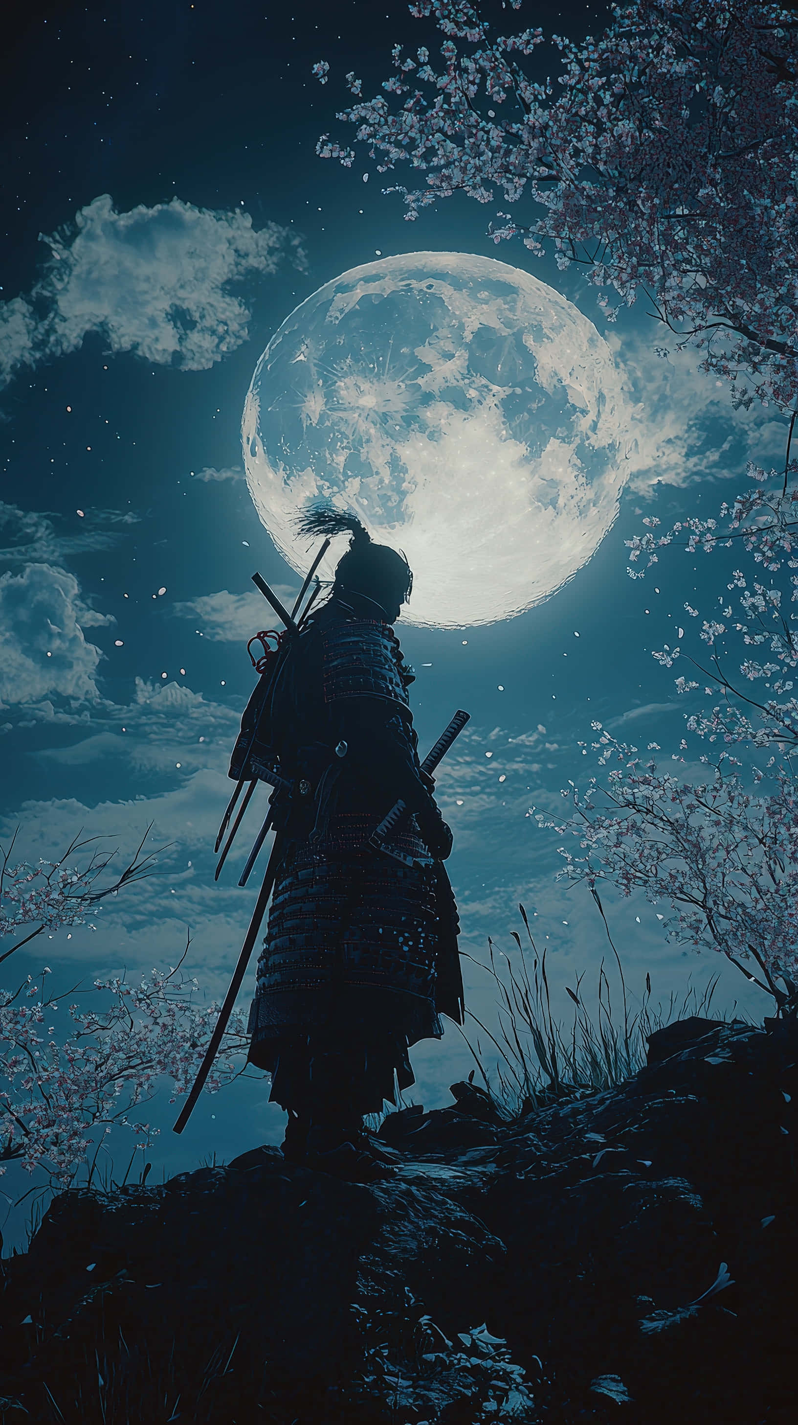 満月と桜の下に立つ侍戦士 壁紙
