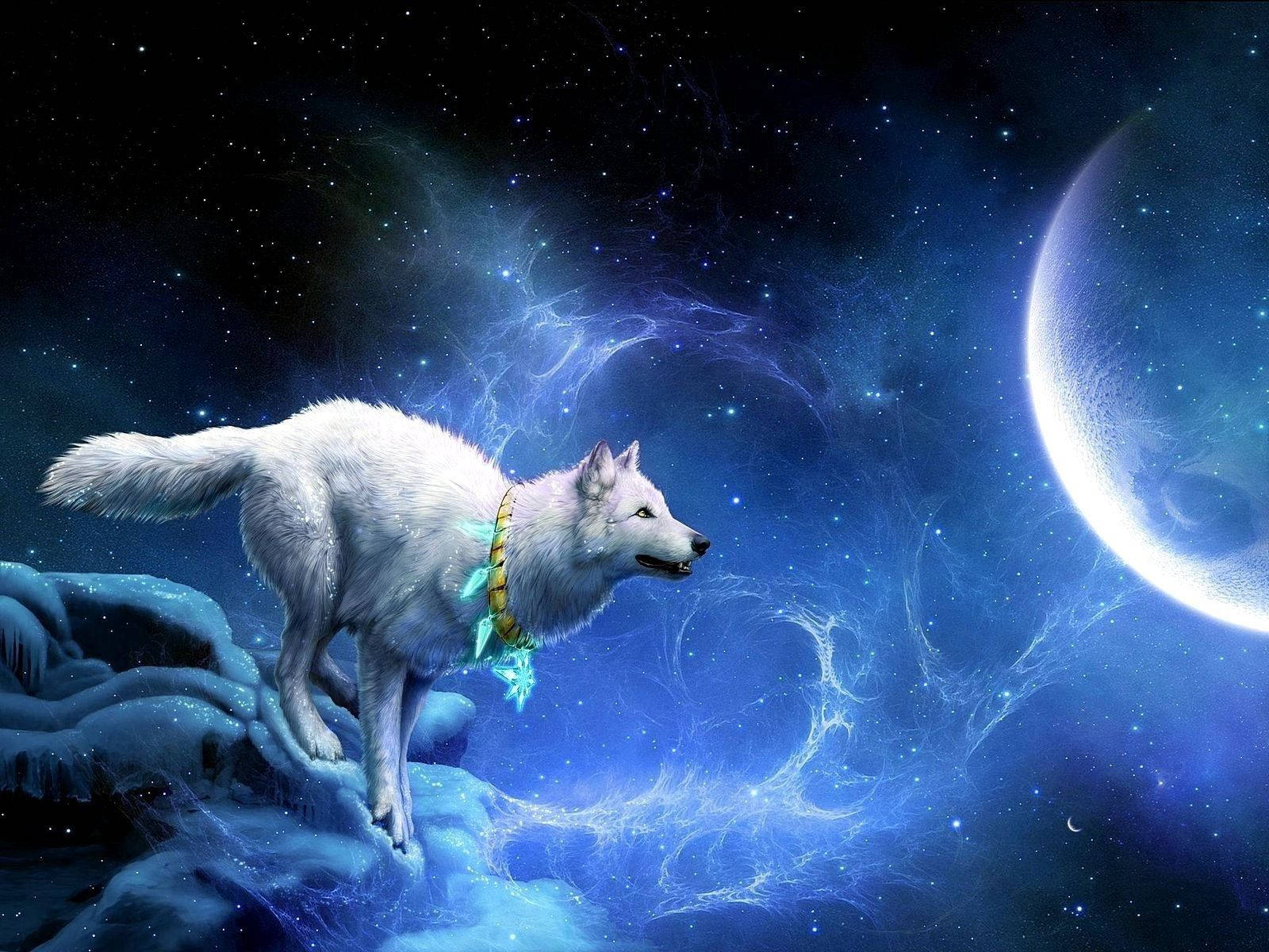 幻想的な白い狼が魔法の首輪をつけ、夢のような青い星空の背景で月に飛びかかろうとしている様子