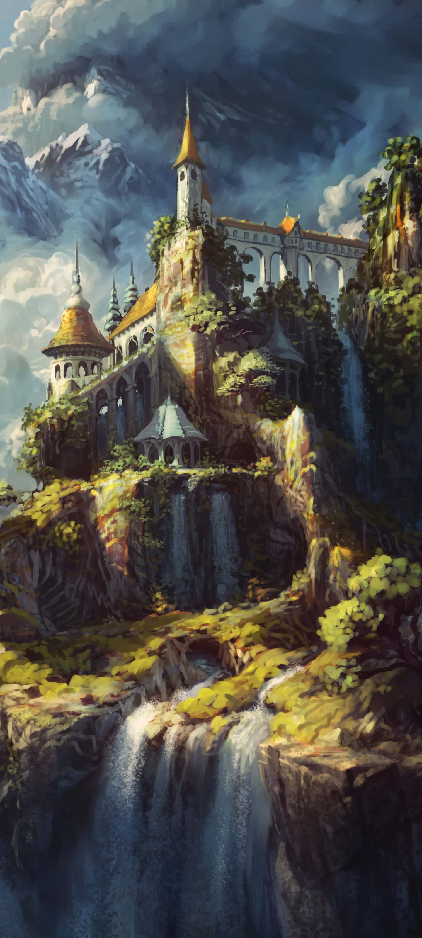 滝のある山の上のファンタジー城 壁紙