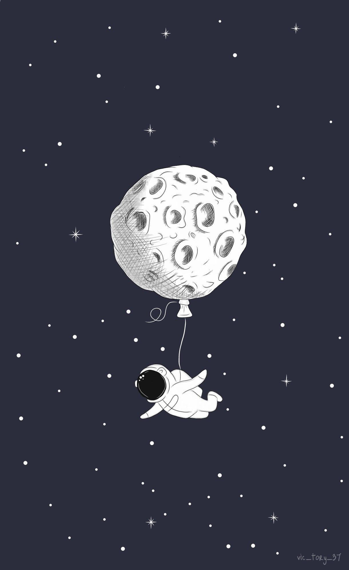 漫画風の宇宙飛行士と月の風船 壁紙