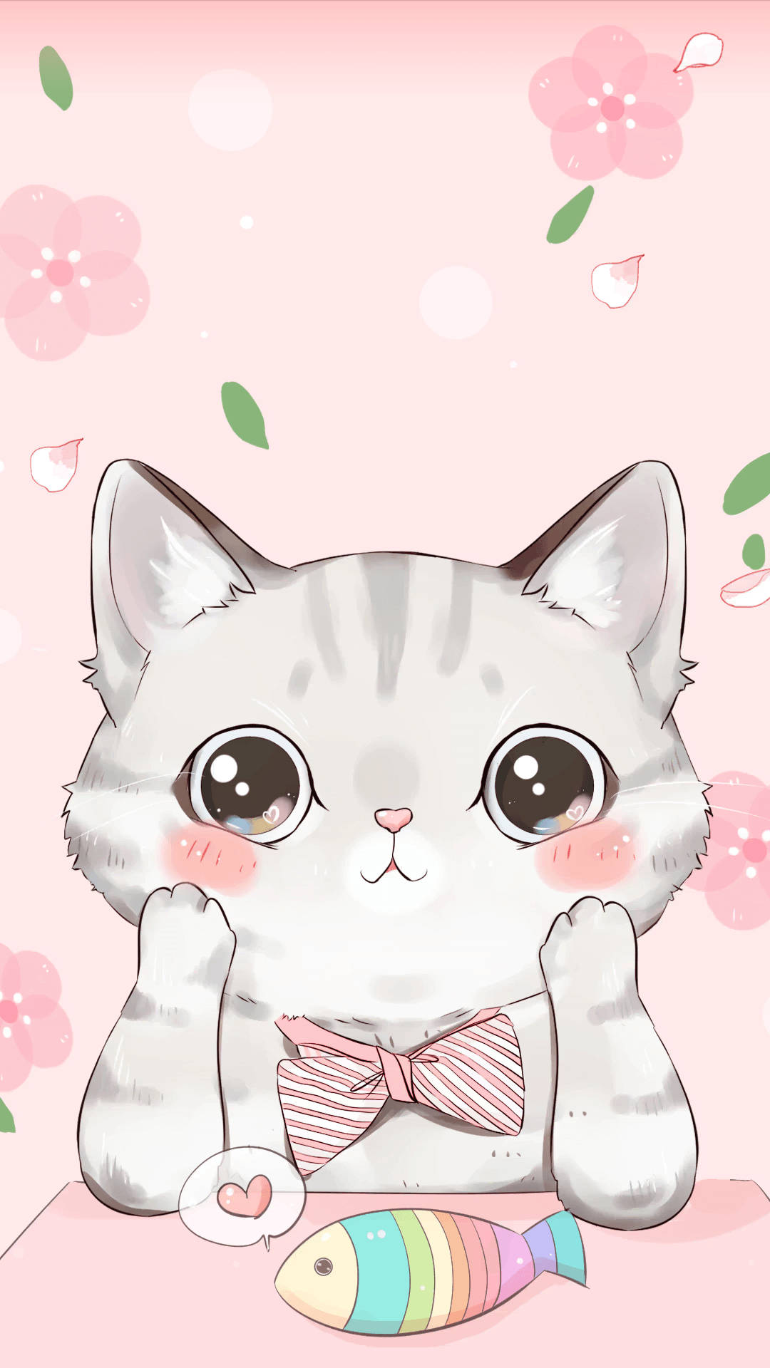 漫画風の猫と虹色の魚 壁紙