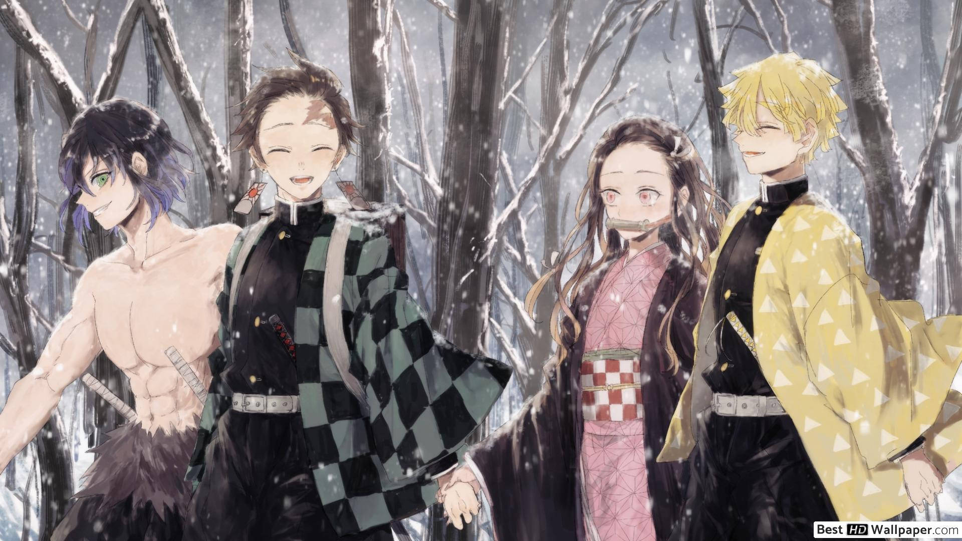 炭治郎と仲間たちが雪の森を歩く『鬼滅の刃』の壁紙 — 鬼滅の刃 壁紙