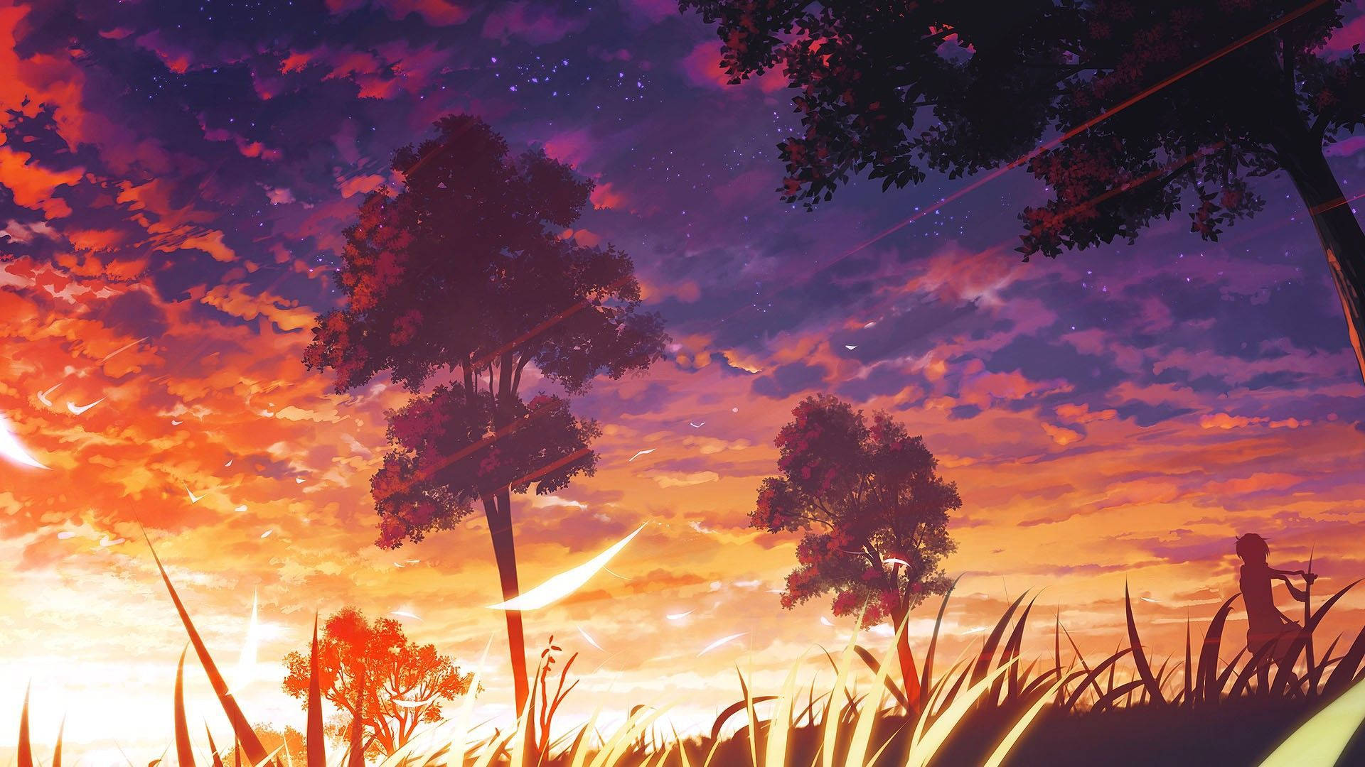 照らされた夕焼けのアニメ風景 壁紙