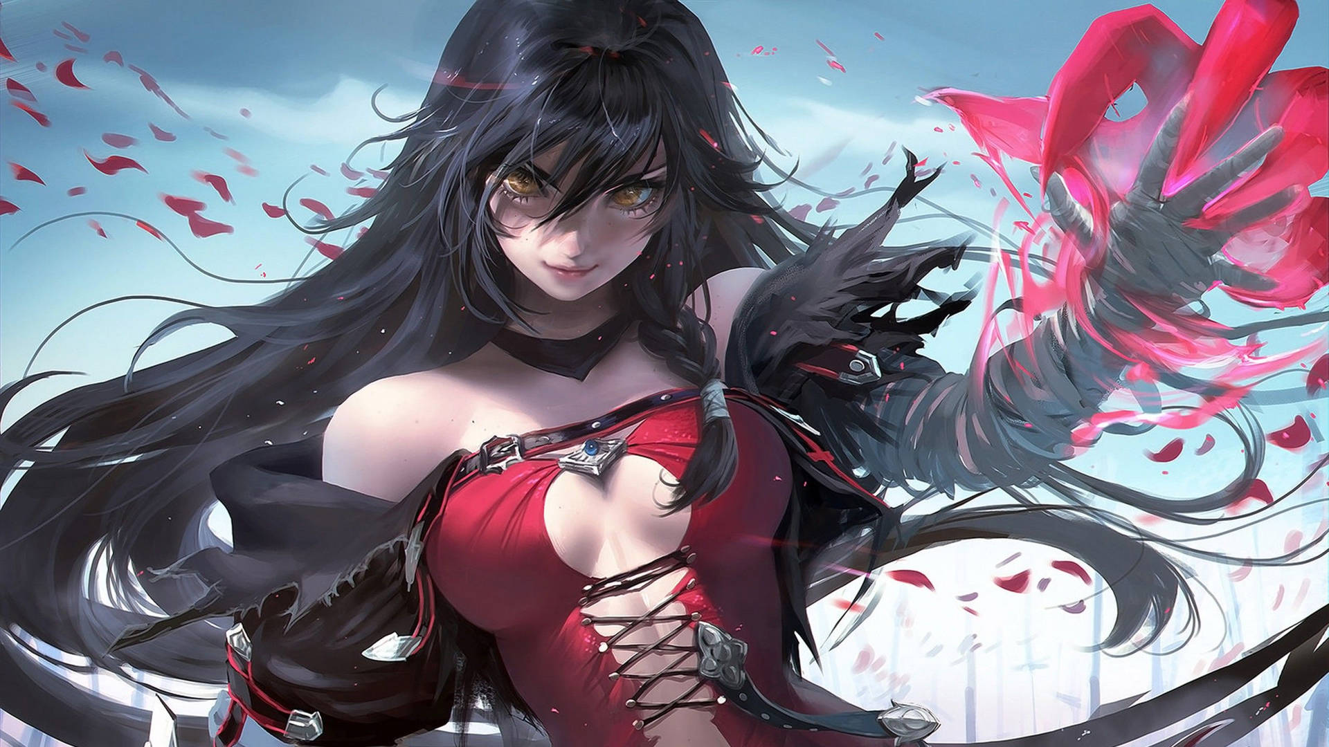 長い黒髪と赤い爪の手を持つセクシーなアニメ少女の壁紙