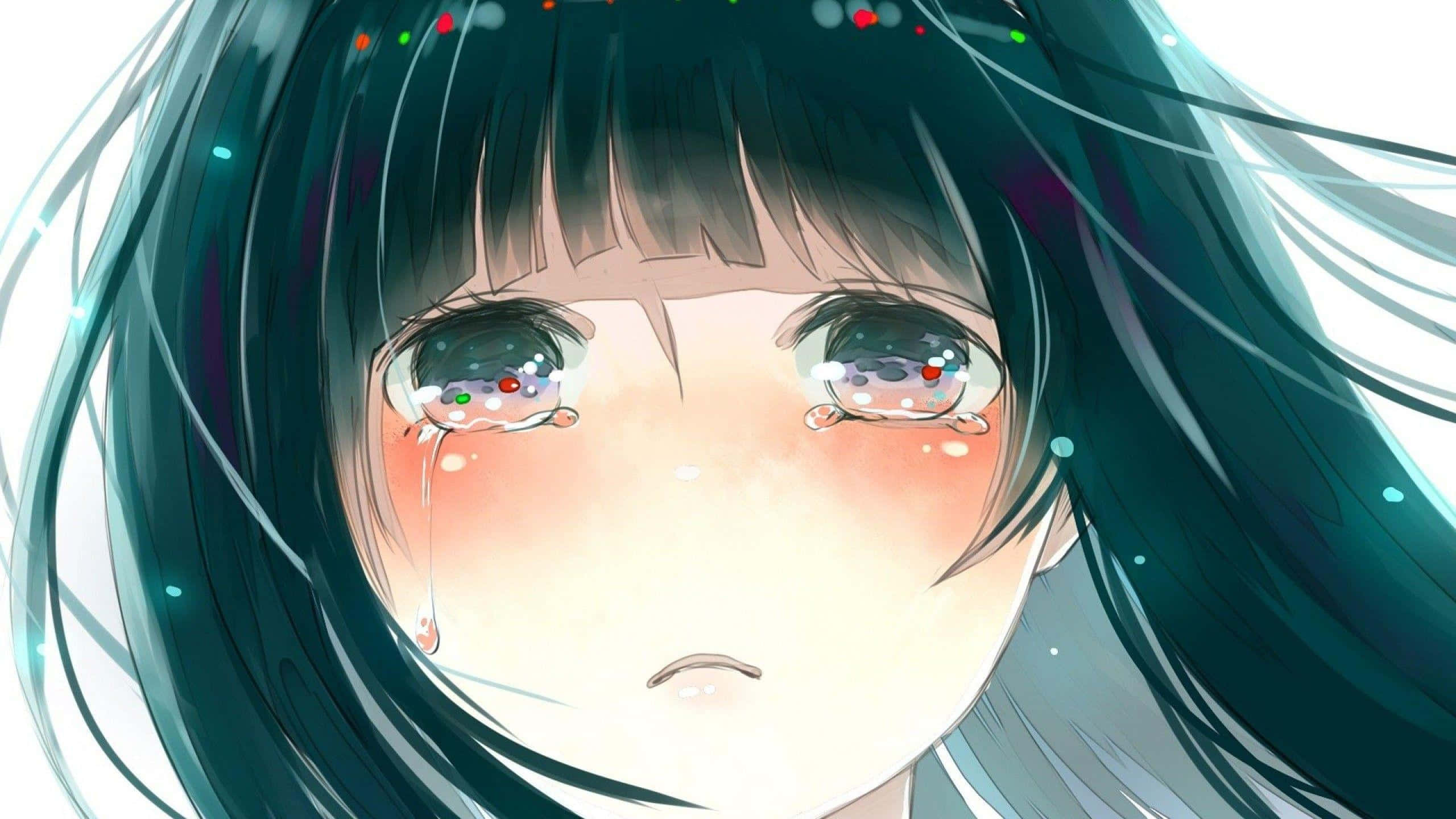 物思いにふけるアニメキャラクターが悲しげに座っている。 壁紙